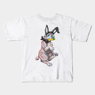 Bobtail BunnyCat: Red On Blue Tabby (Black) Kids T-Shirt